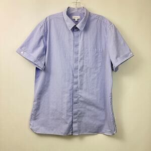 Calvin Klein Mens short sleeve button front purple and white plaid dress shirt